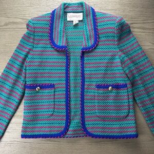 Vintage Knit Blazer Chanel Style Blue Green Gold Button Jacket Size 8 80s